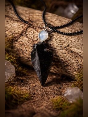 Sterling Silver Obsidian Arrowhead & Rainbow Moonstone Pendant • Signed Talisman